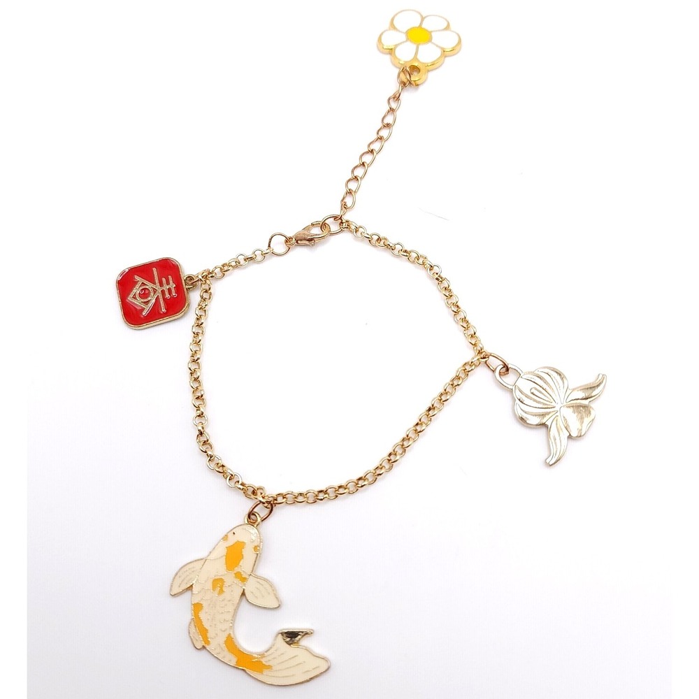 Mercis BV Miffy Gold Tone Anklet Koi Fish Flower Enamel Charm Adjustable‎ 8-10in